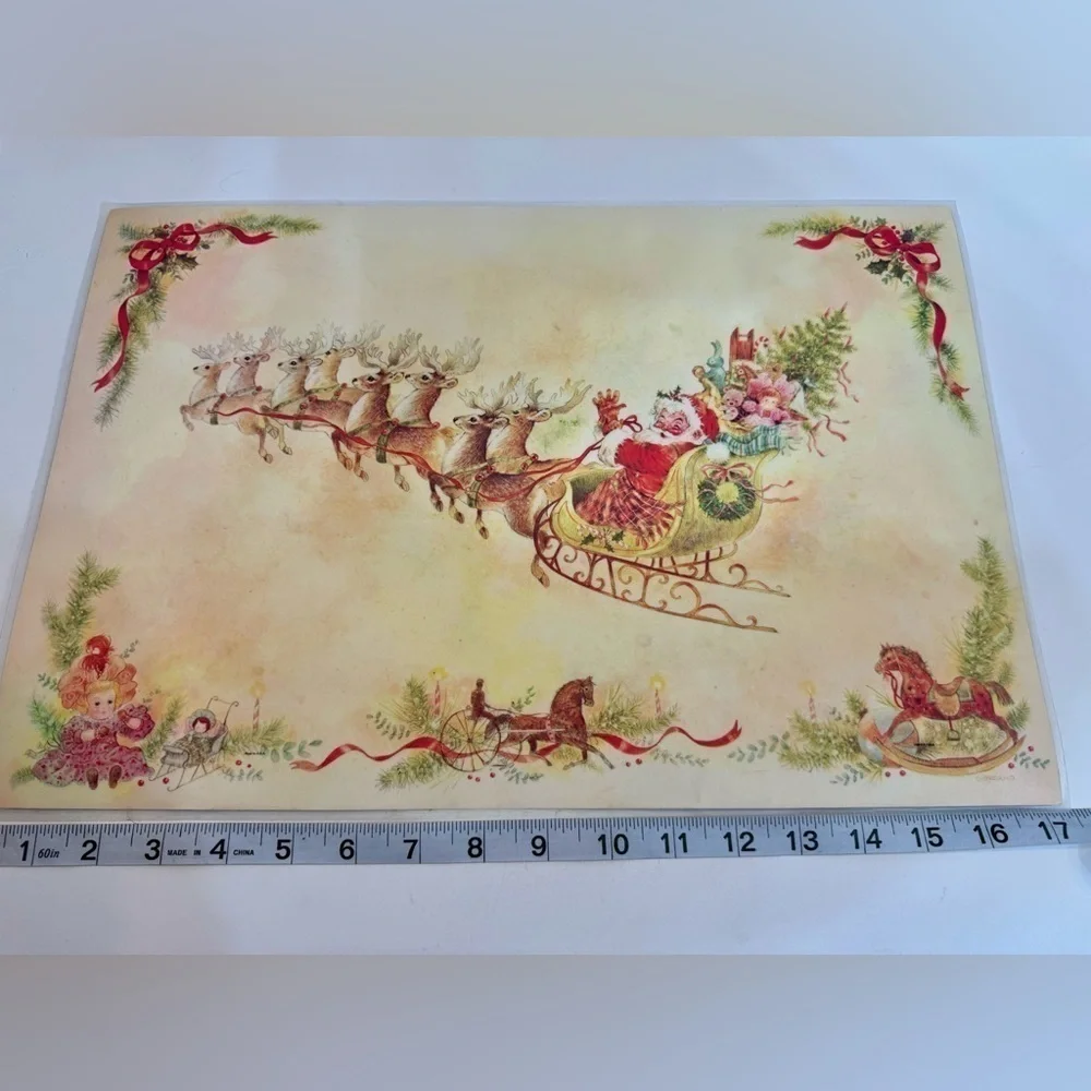 VTG Laminated AmericaMark Placemats Lot Of 4 christmas Giordano Santa & Pilgrims
